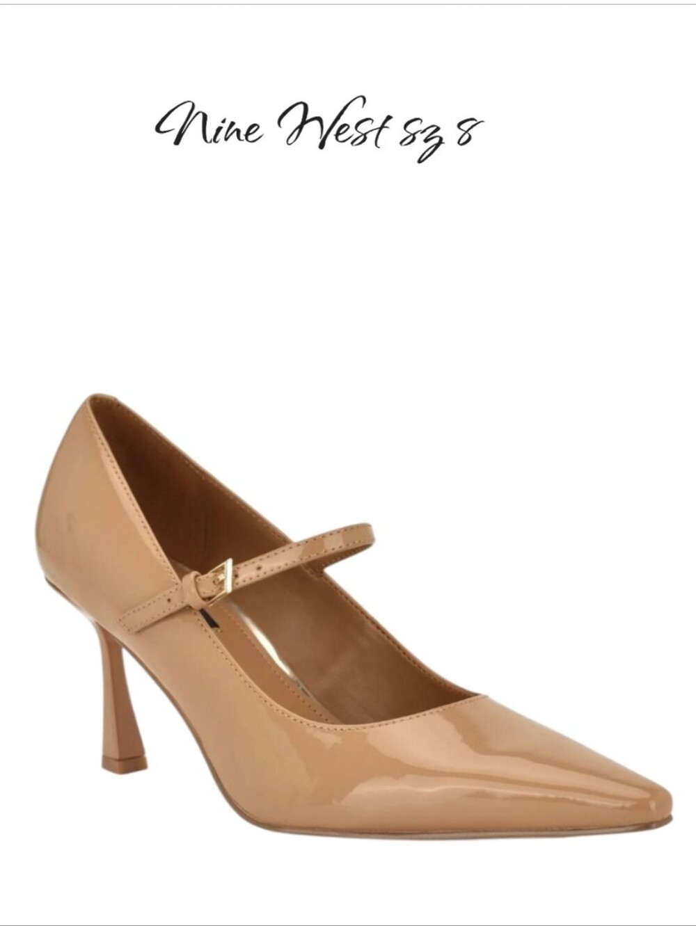 Nine West Krest Mary Jane Pumps Tan Beige Patent Snip Toe Heels Size 8